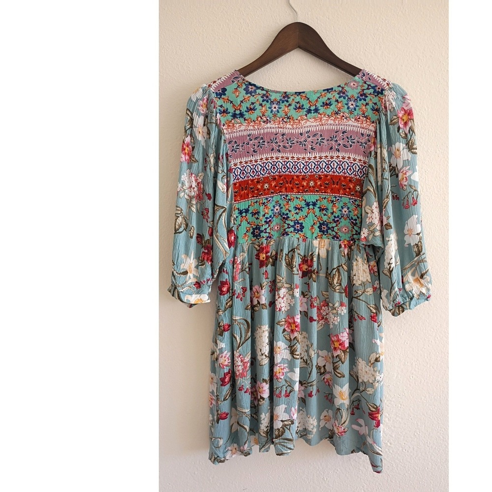 Umgee Boho Floral Babydoll Tunic Top Blue Mixed Print Puff Sleeve Pockets M - Picture 2 of 7